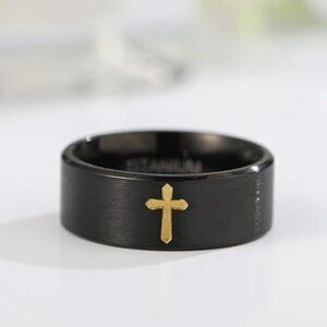 Pure Titanium Cross Ring for Men, Christian 8MM Black